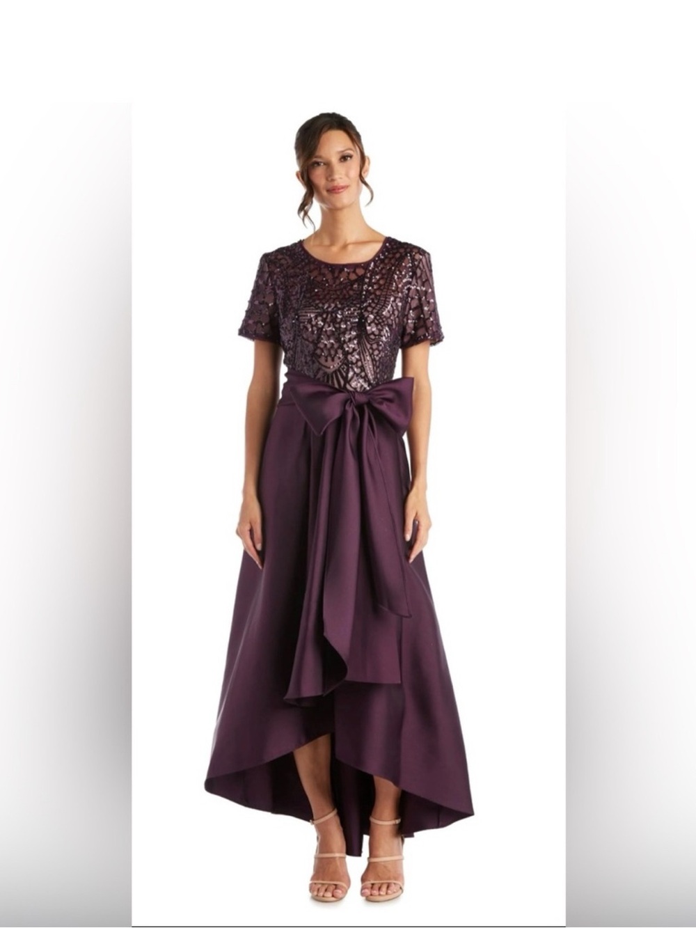 R&M Richards Plum Sequin High-Low‎ Formal Gown Dress